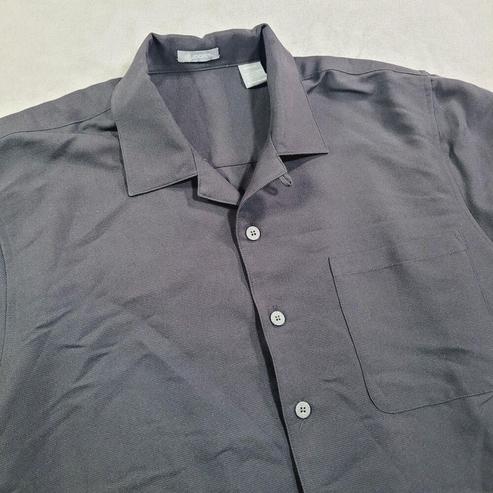 Jockey Shirt Mens Medium Gray Solid Short Sleeve Button Up Rayon Poly Blend